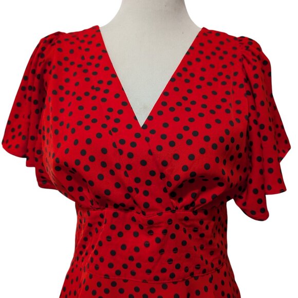 Unique Vintage Womens Size L/10-12 Red Black Polka Dot Bow Tie Midi Swing Dress - Picture 5 of 11